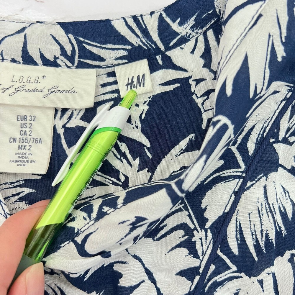 L.O.G.G. H&M Women Tunic Dress Blue White 2 Beach Cover Up Palm Leaves Tropical - Picture 6 of 16